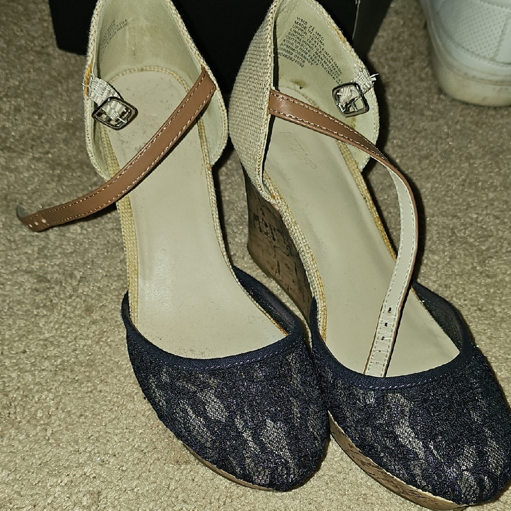 Apt. 9 Navy Lace Wedge Sandals with Tan Ankle Strap